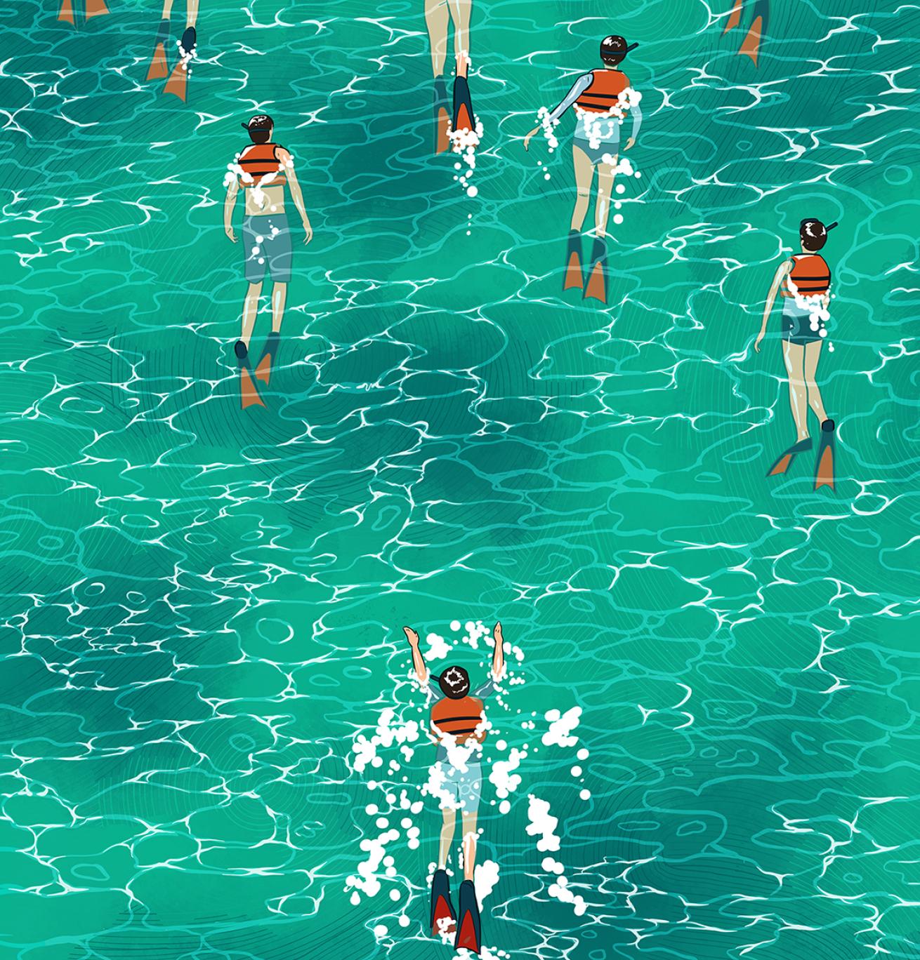 An illustration of a snorkeler splashing frantically in the water as other snorkelers leave them behind.
