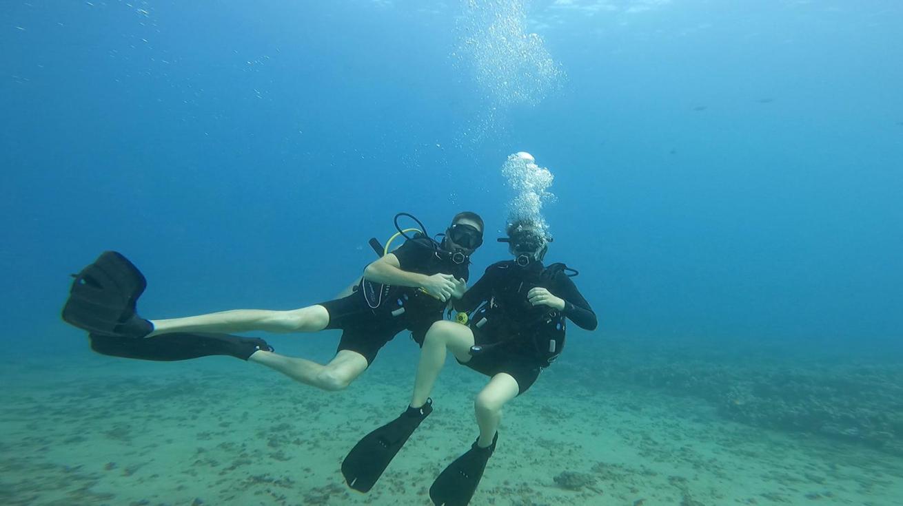 Two divers look at camera