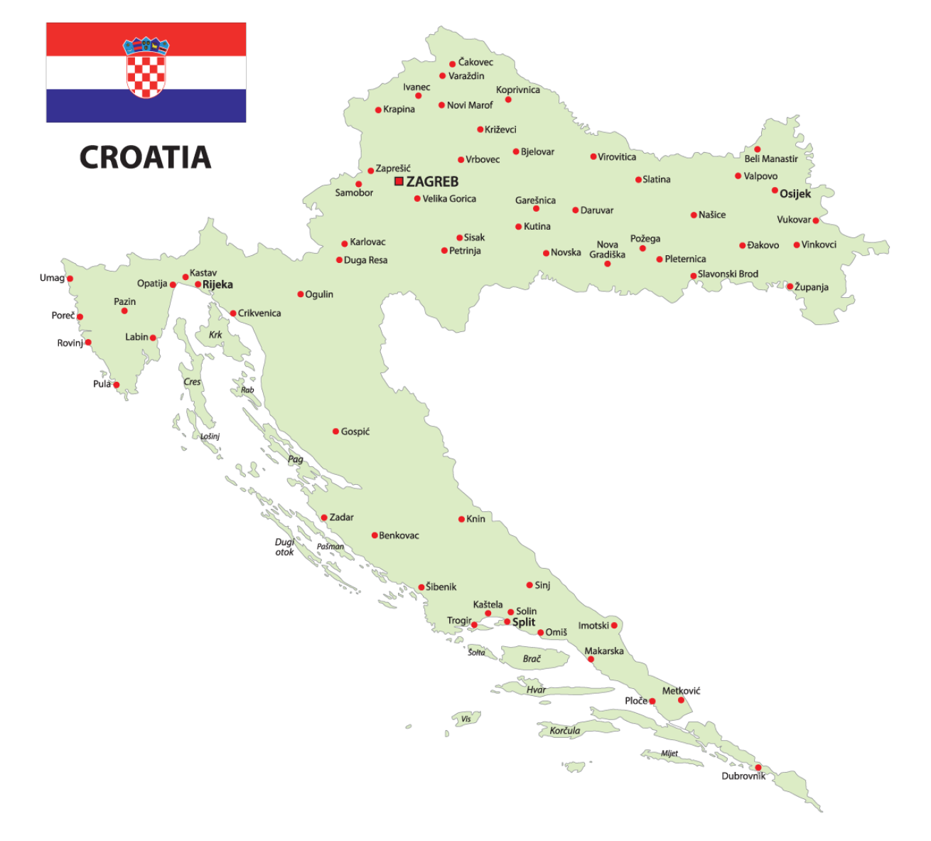 A map of Croatia.