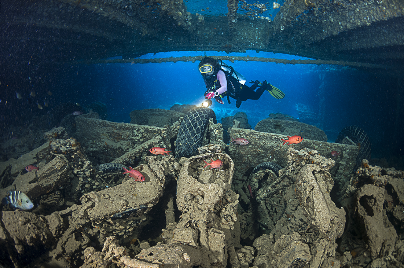 Diver swimming through a wreck underwater.