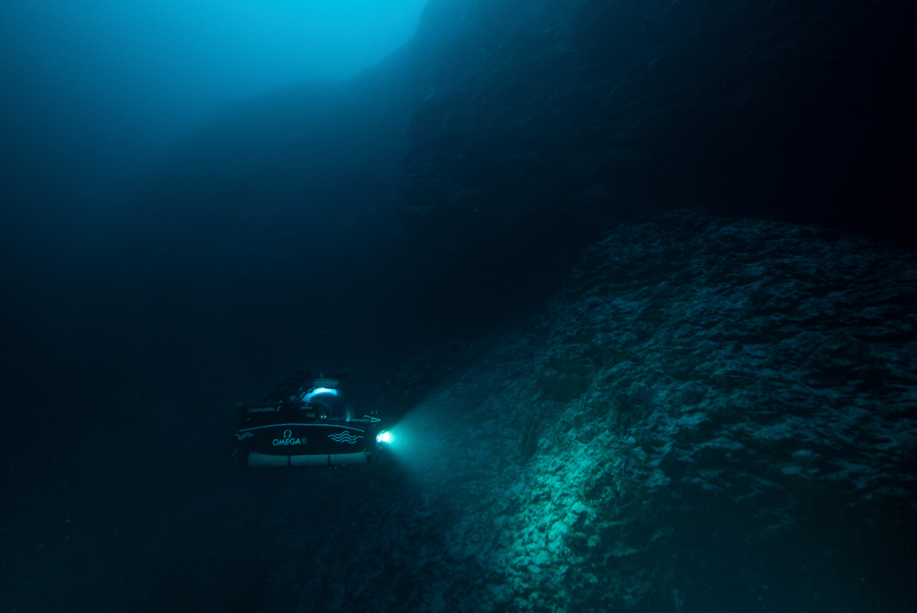 Submarine in the deep ocean.