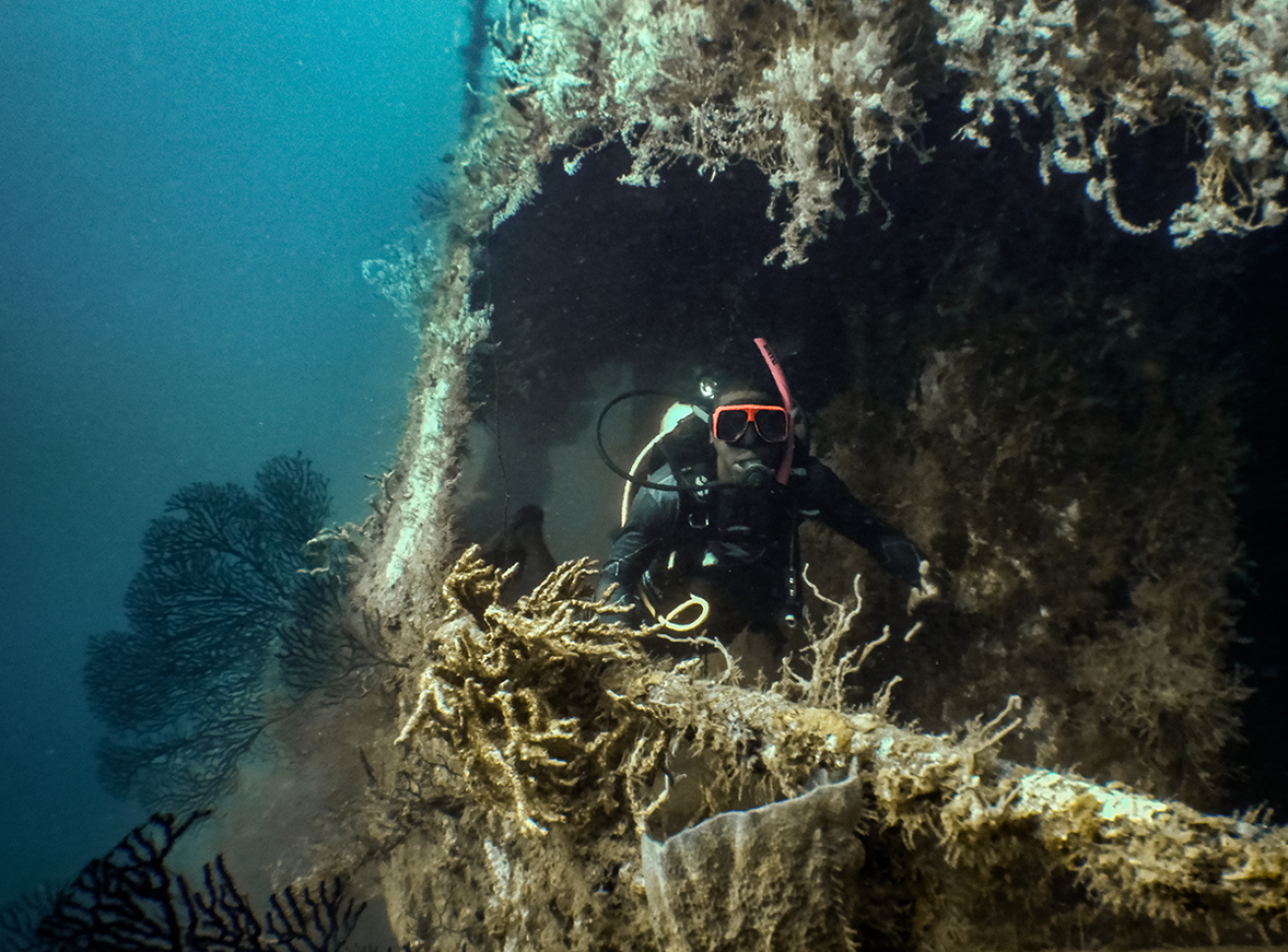 Diver posing for a photo in a shipwreck.