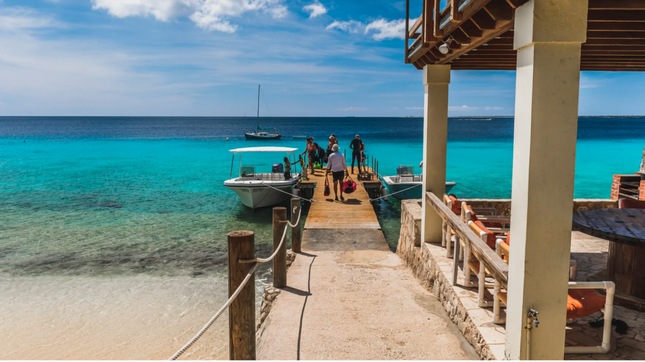 A group of divers walking on a dock to scuba dive.