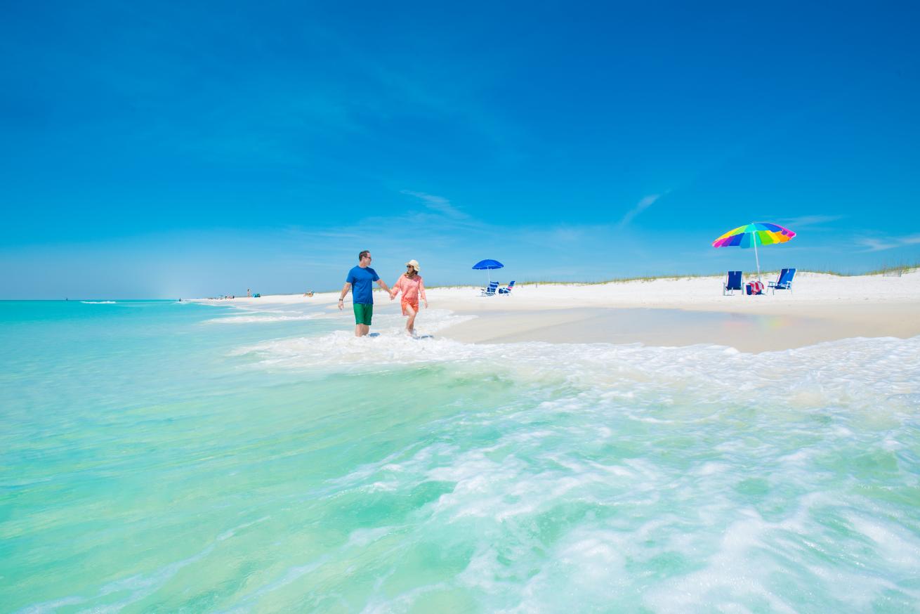 Couple walking in the beach surf