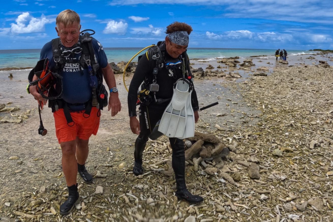Two males walking out of the ocean with scuba gear on