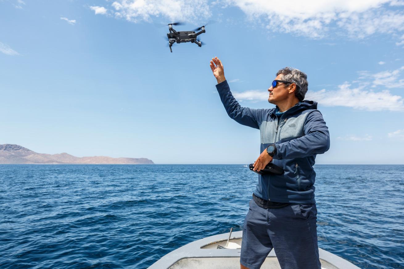 Marine biologist and filmmaker Erick Higuera deploys a drone to determine the size of a mobula aggregation;