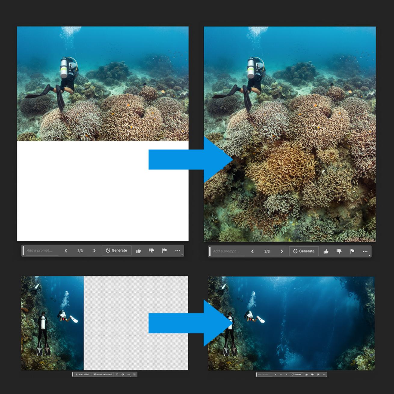 Example of using Adobe Generative Fill by extending an underwater image