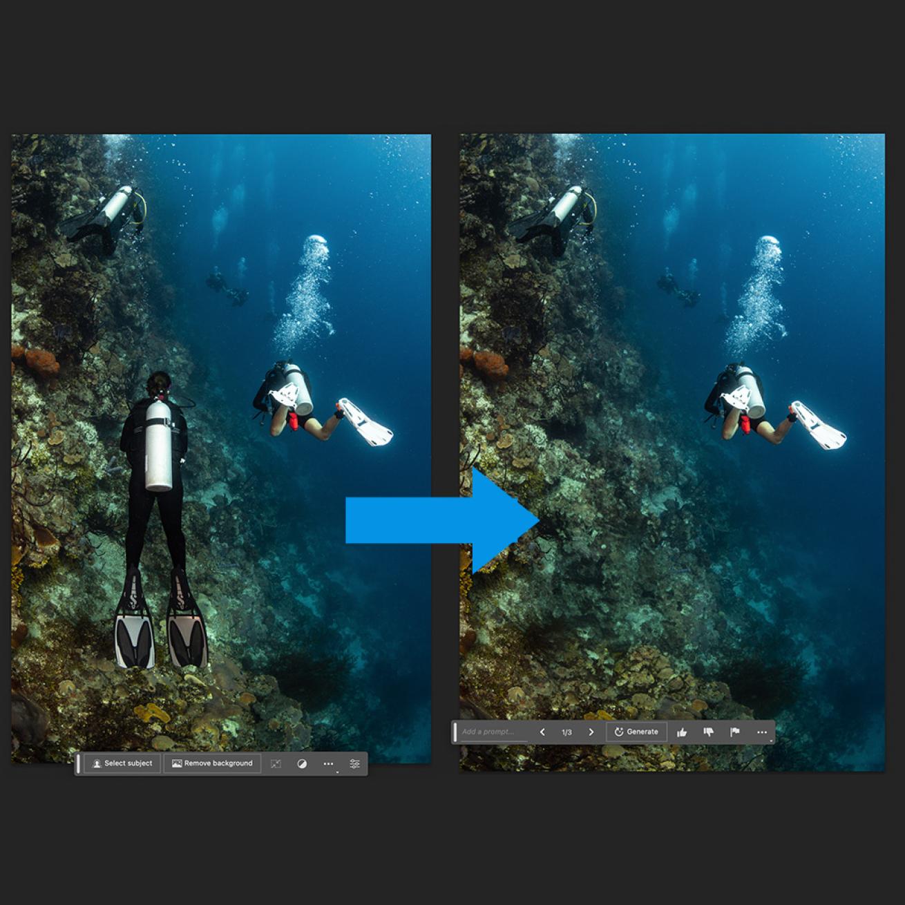 Removing an object (diver) using Adobe Generative Fill 
