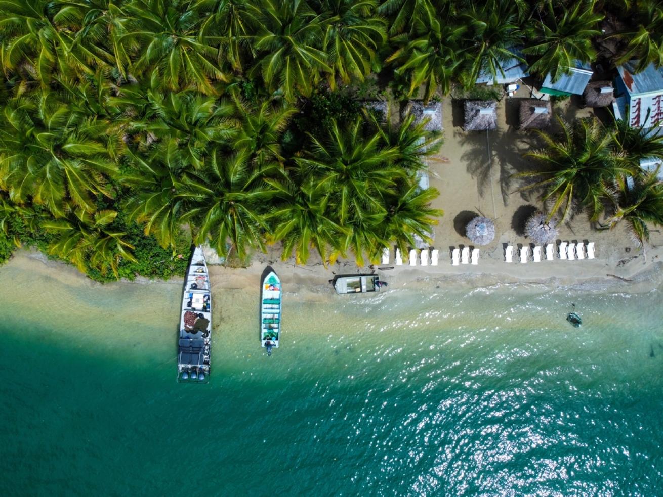 Aerial image of a beach in Bocas del Toro, Panama.