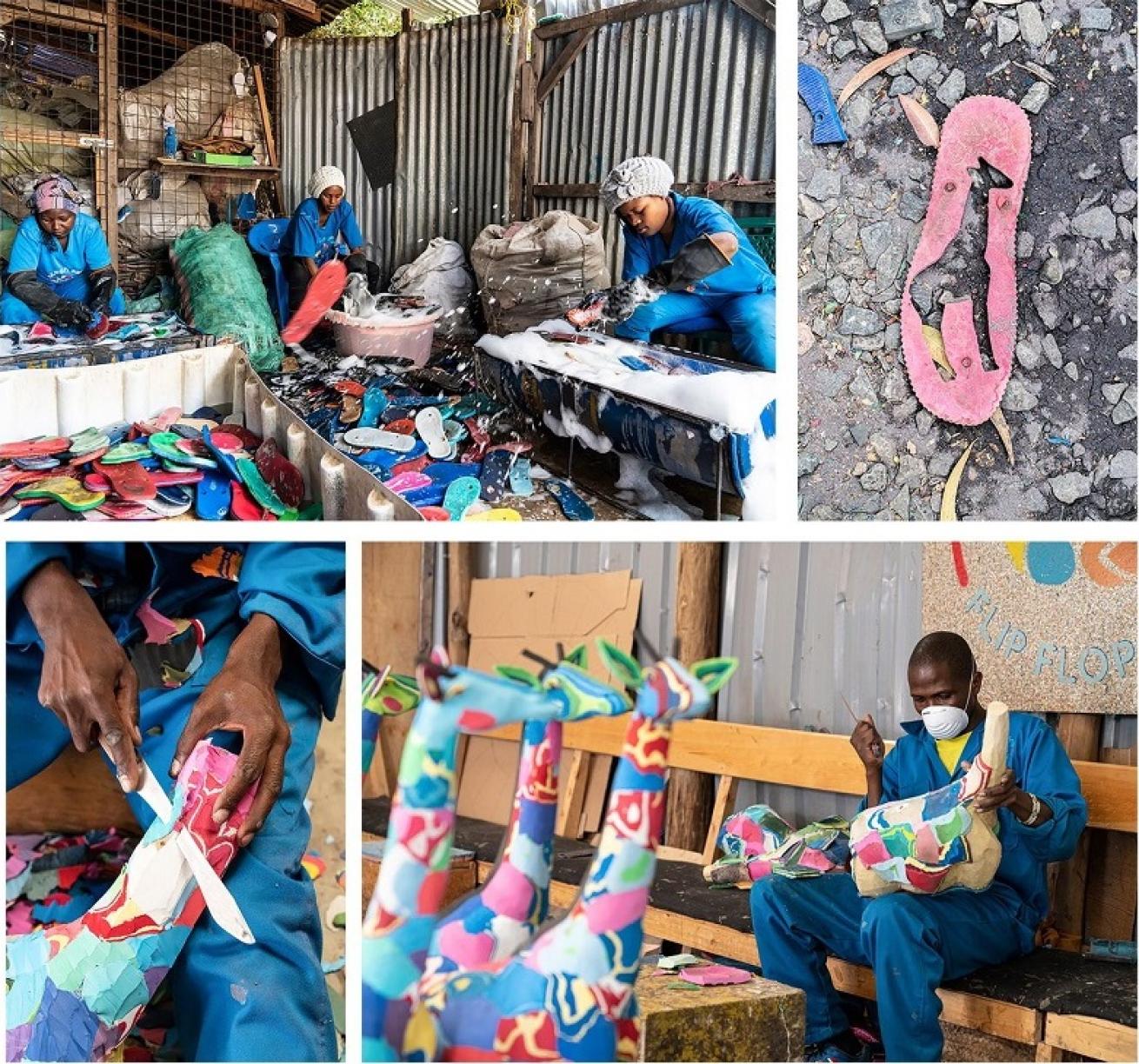 Kenyan artists turn blocks made from flip-flops that washed onto the beach into sculptures of animals, such as giraffes. The aim is to call attention to endangered species and the prolific ocean trash
