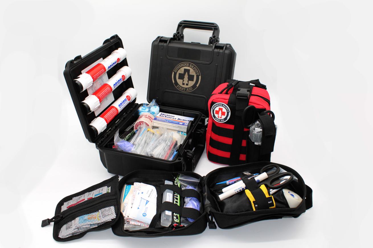 Companies like Sunshine Safety First Aid or Divers Alert Network have several pre-made kit options which can help take the guesswork and cost out of building your own kit - make sure they cover whatever activities you have planned. 