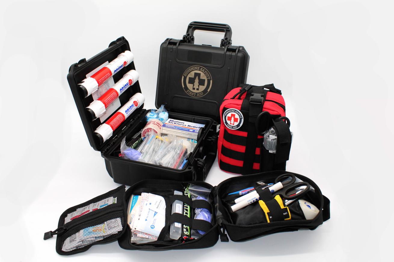 Companies like Sunshine Safety First Aid or Divers Alert Network have several pre-made kit options which can help take the guesswork and cost out of building your own kit - make sure they cover whatever activities you have planned.