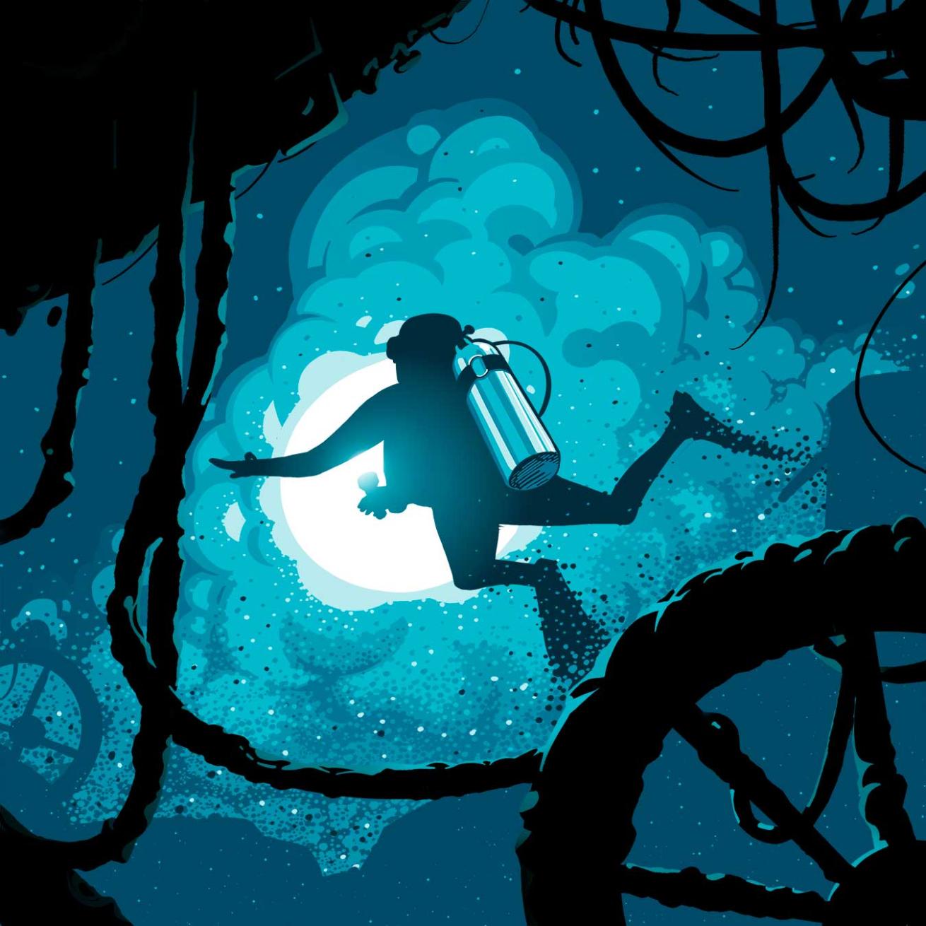 An illustration of a diver in a shipwreck