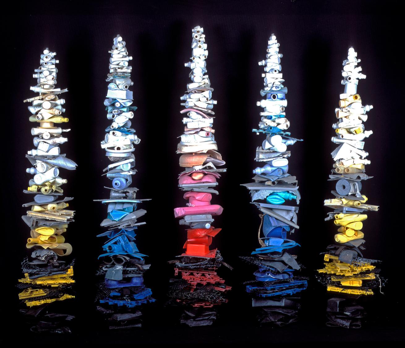 Part of a series of totem sculptures created using colorful plastics collected on beaches.