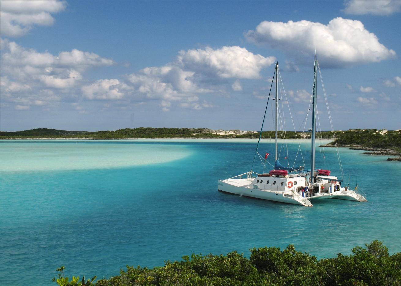 Catamaran in clear blue water near shore