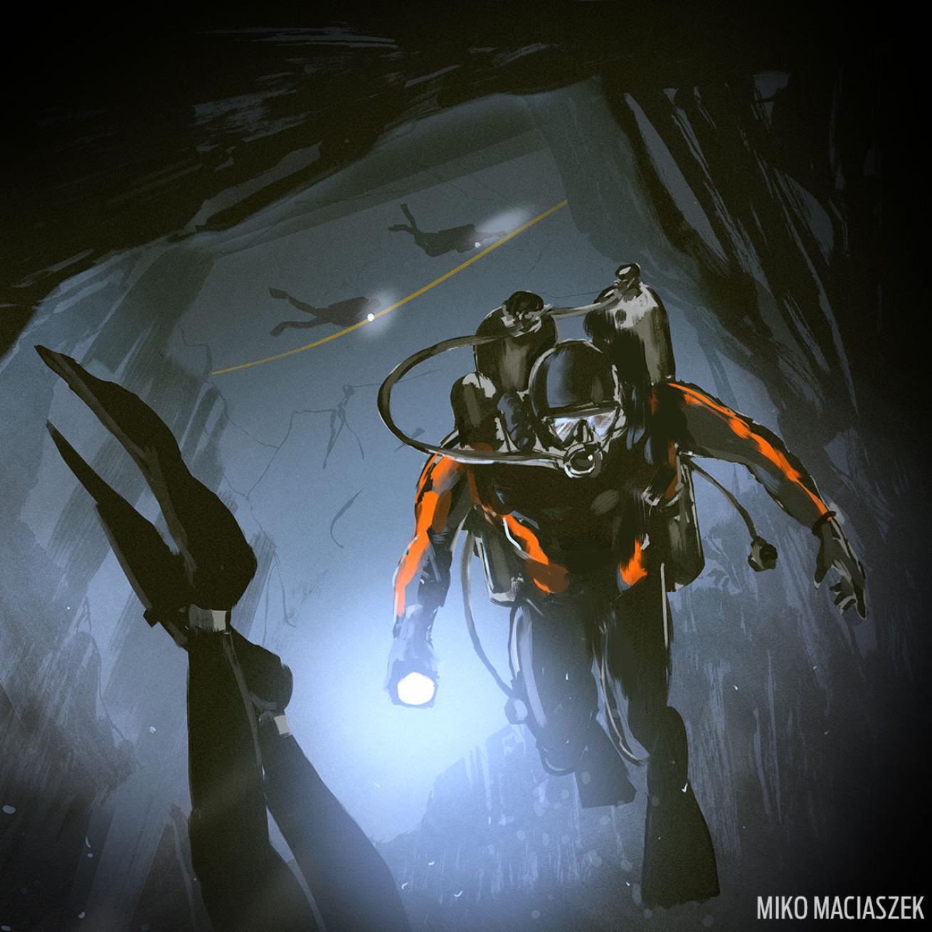 Illustration cave divers leave their safety line