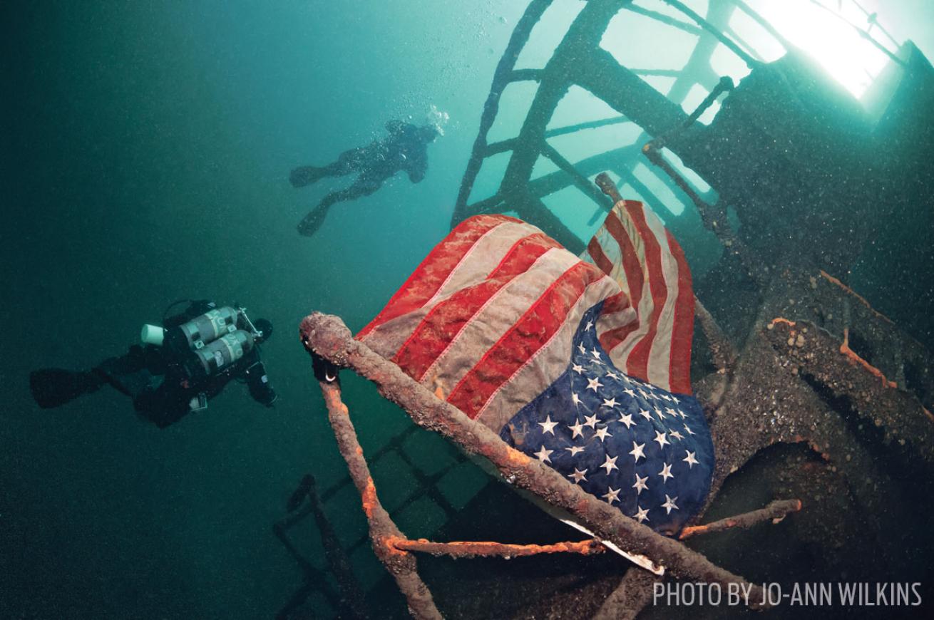 Shipwreck in Great Lakes with American Flag
