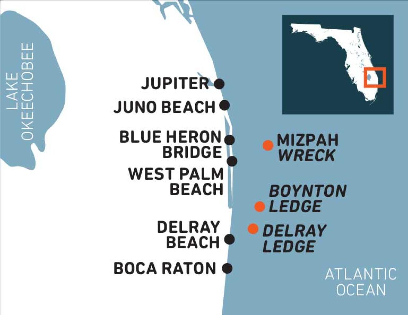 Map of Dive Sites in Palm Beach County Florida