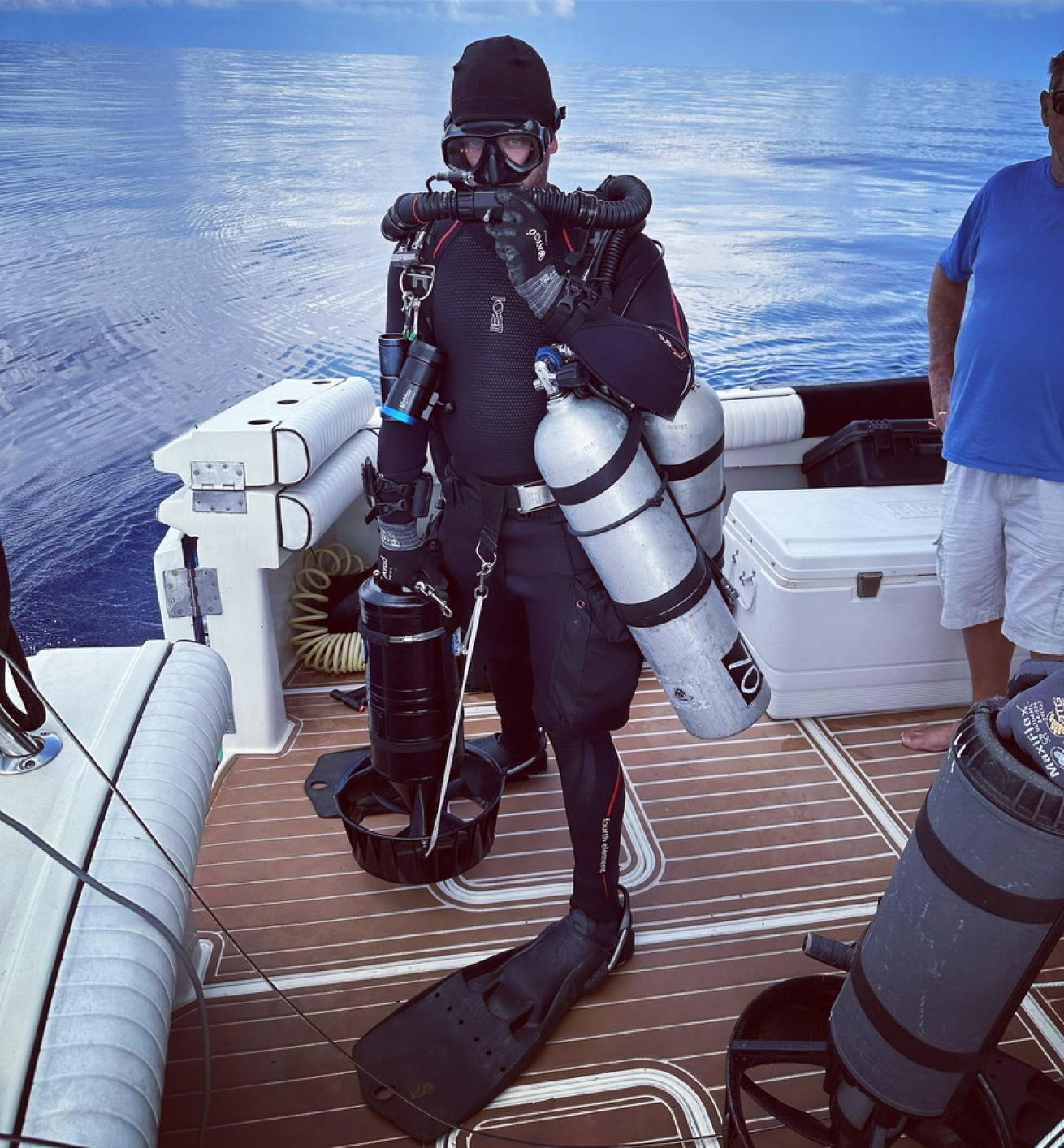 Jimmy Gadomski dropping in for a shipwreck survey of a depth of 210 feet offshore in the Gulf of Mexico. This type of diving takes special equipment and years of training.