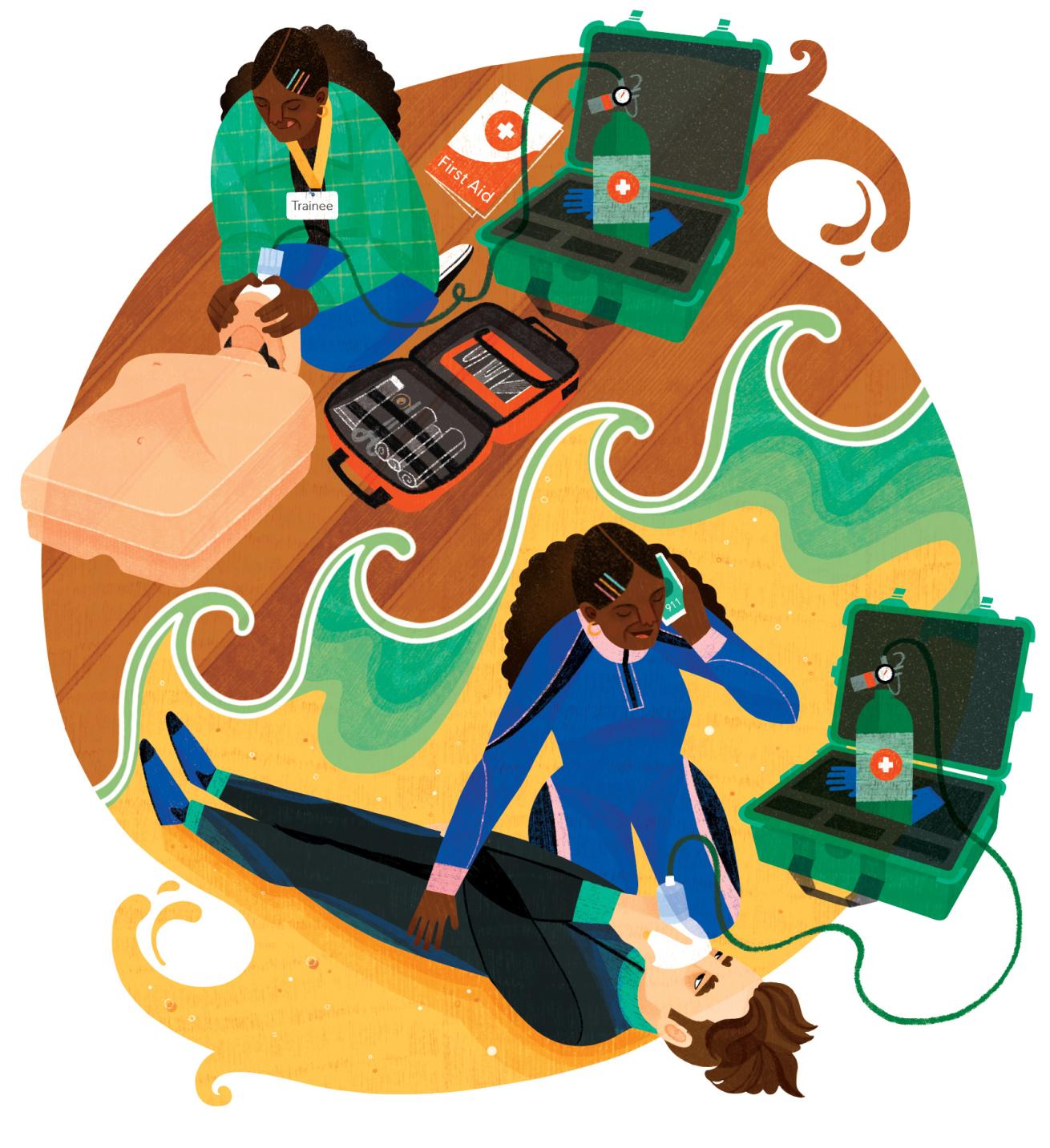 illustration of a diver giving oxygen to another diver and learning cpr