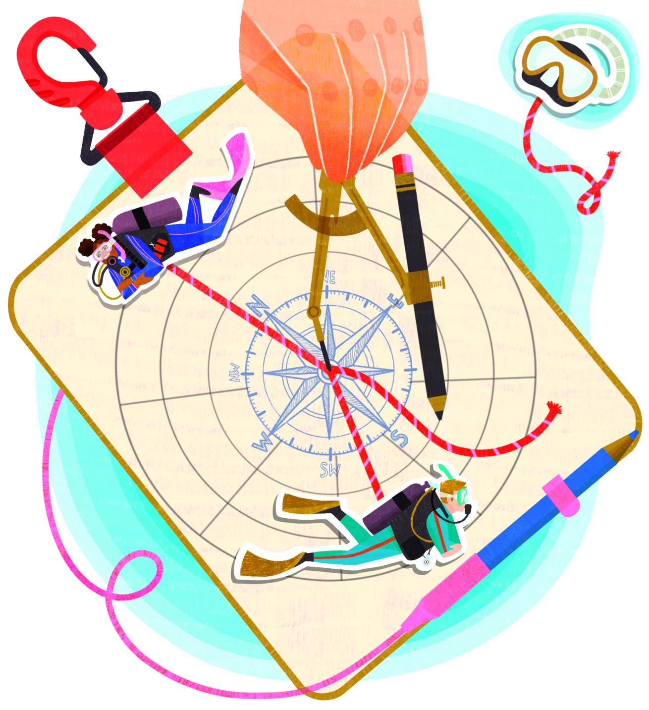 illustration of a dive slate and divers looking for lost items
