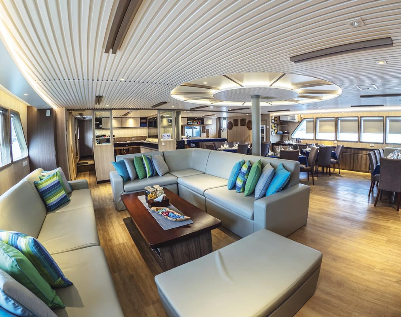 The spacious saloon is just one place to chill