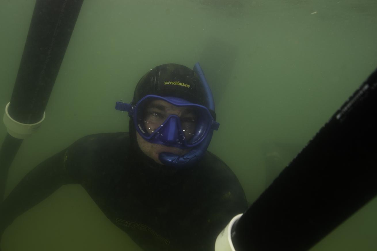 O'Connell working on the shark exclusion barrier in the murky waters of Cape Cod.
