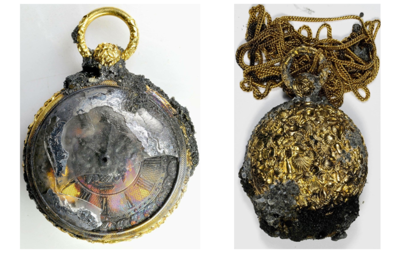 Gold pocket watches from the Pulaski wreck. Watch on the left was found encrusted ontop of an iron bar and was the first pocket watch to come off the Pulaski wreck.  Time is stopped just after 11 pm which is when the Pulaski disaster occurred based on eyewitness accounts.

