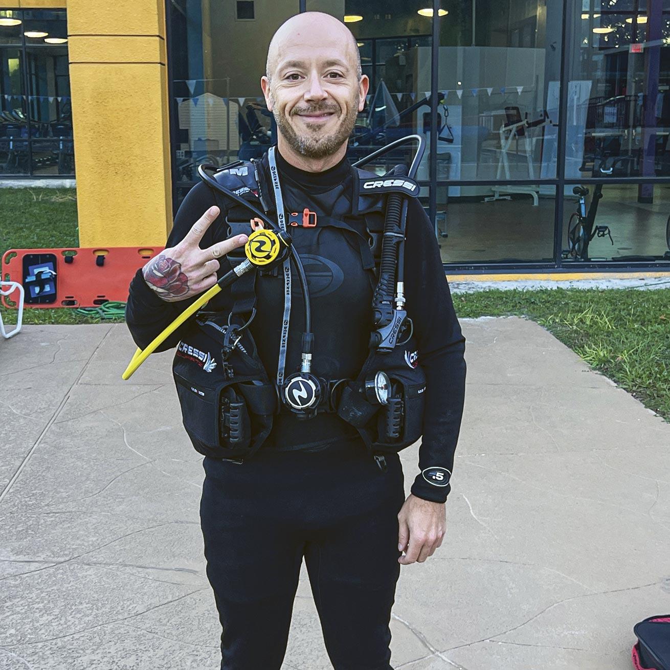 The author all suited up for his first-ever dive