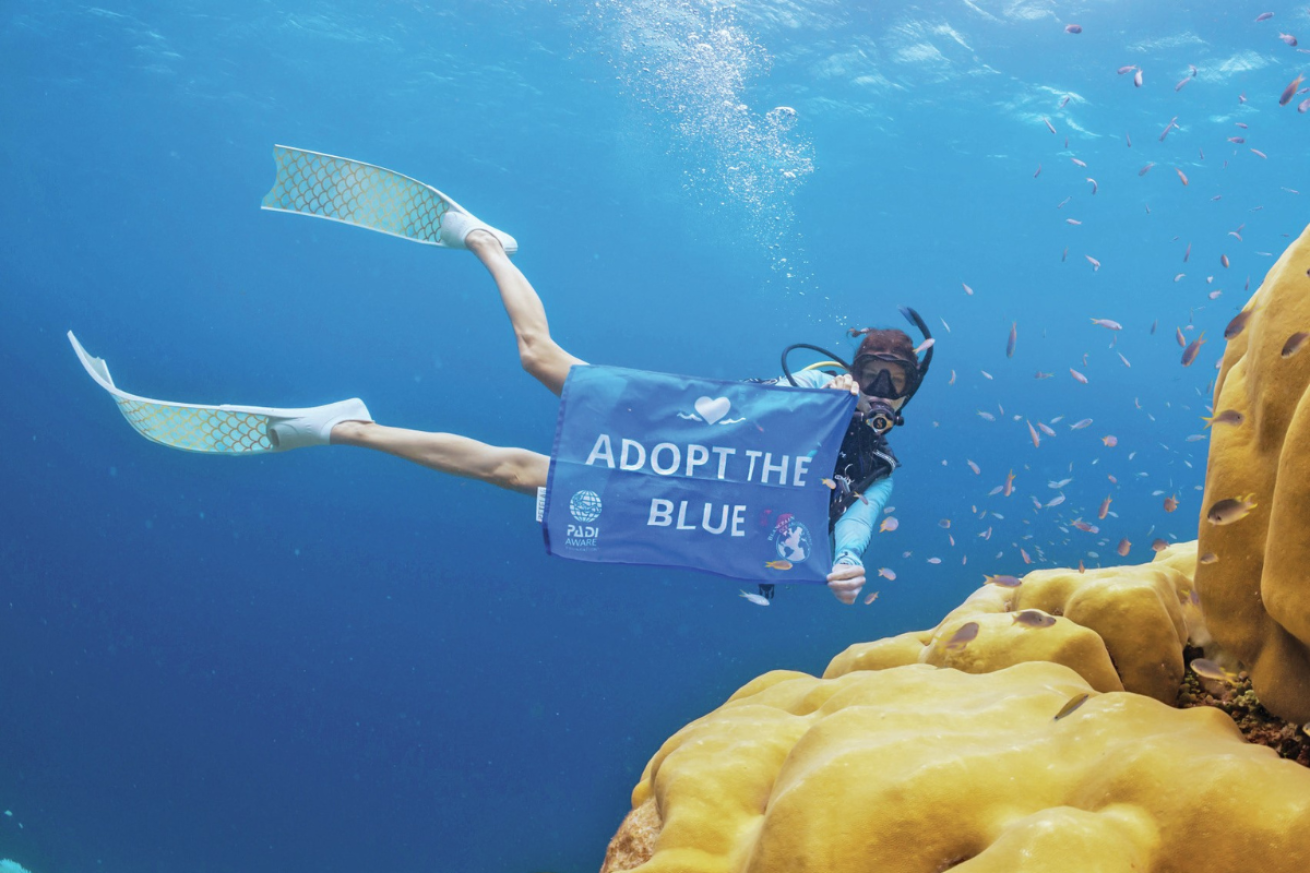 A female in scuba gear underwater with a flag