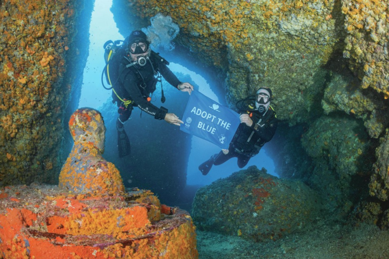 Scuba divers holding a flag underwater