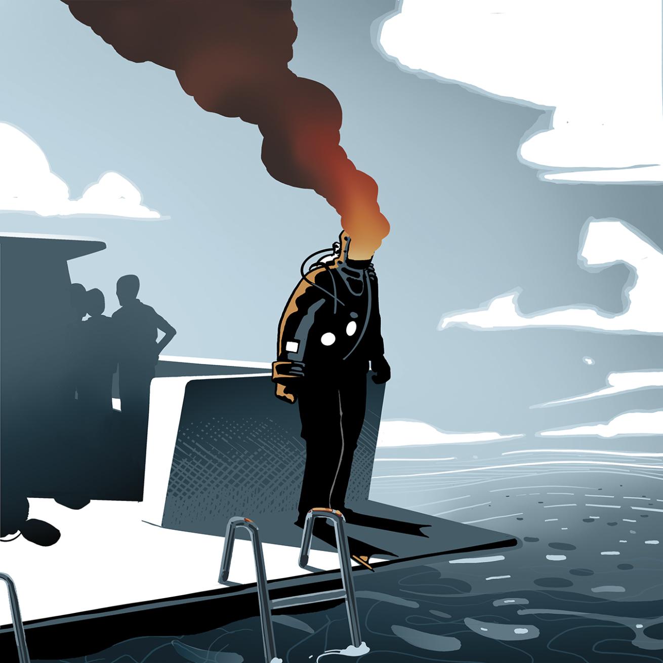 an illustration of a diver at the edge of the boat overheating