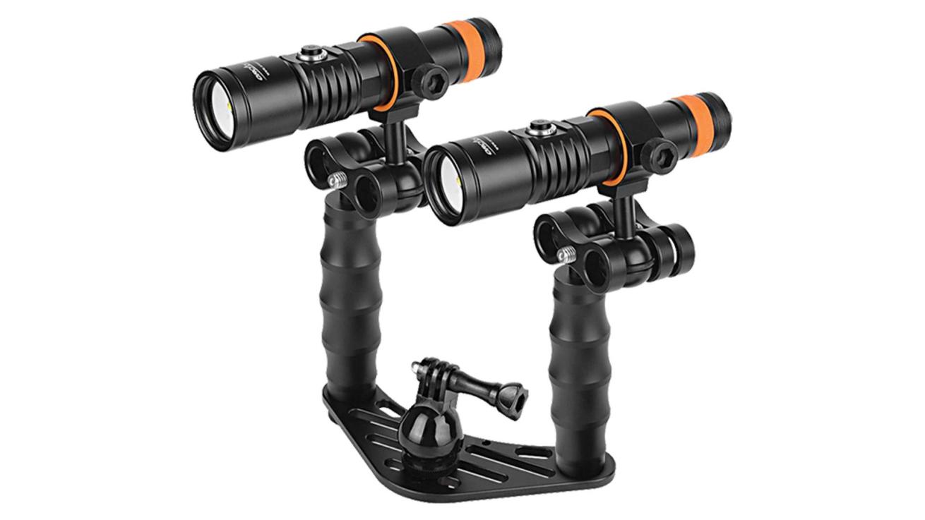 Versatile video light integrating white, UV, and red beam.