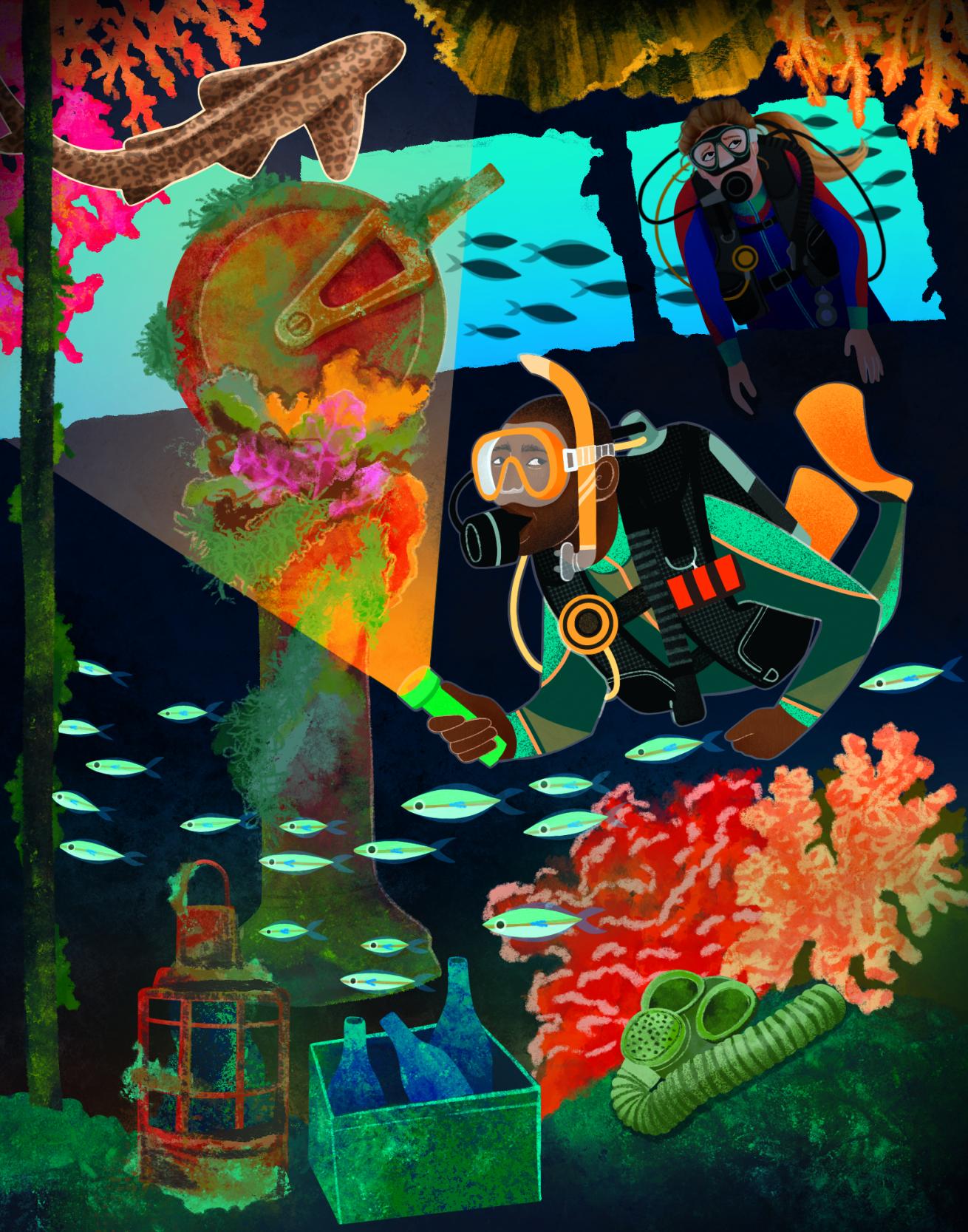 illustration of a diver in a shipwreck--illuminating a scene of fish, coral and a shark