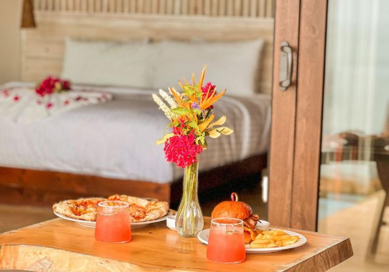 A table with food and drinks on it