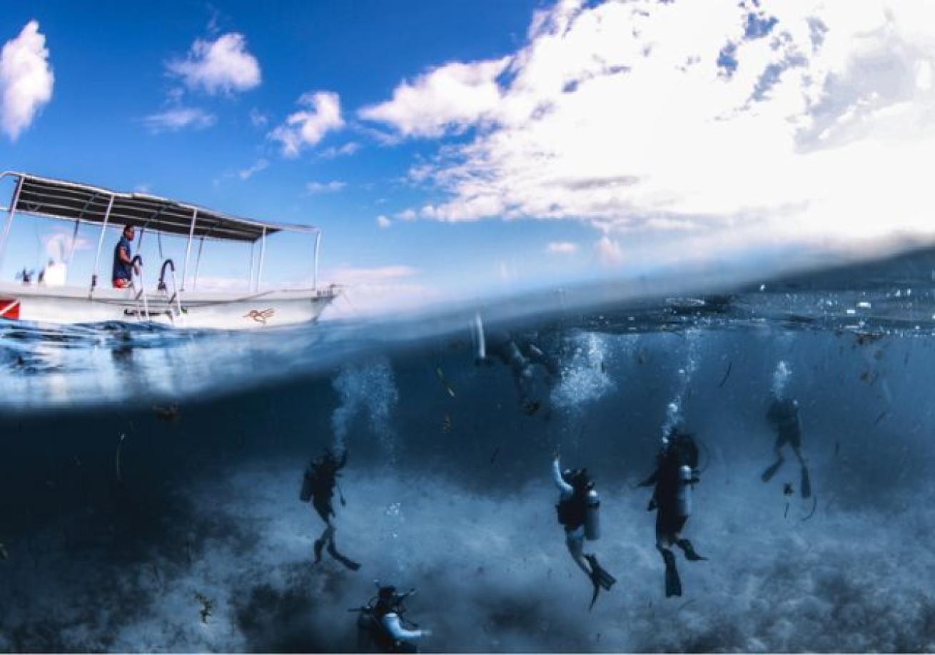Scuba divers under water with a boat