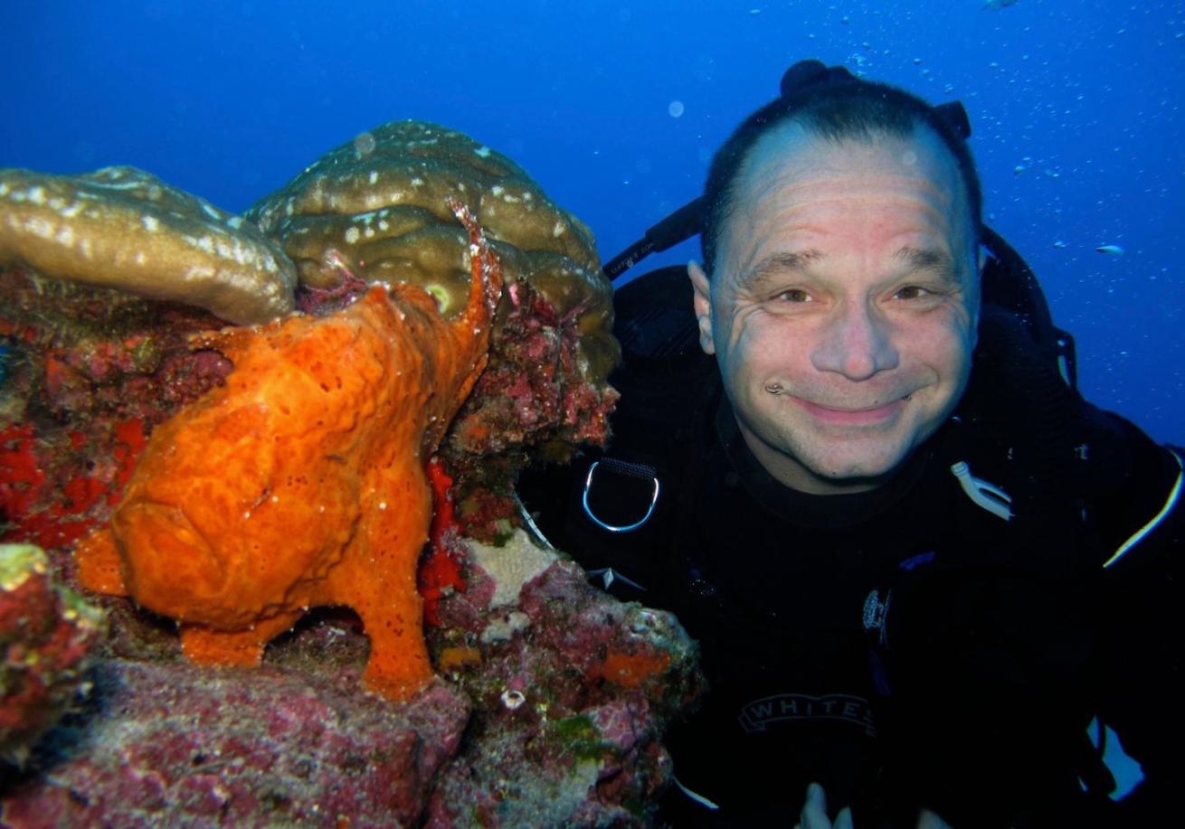A person in scuba gear next to a coral reef