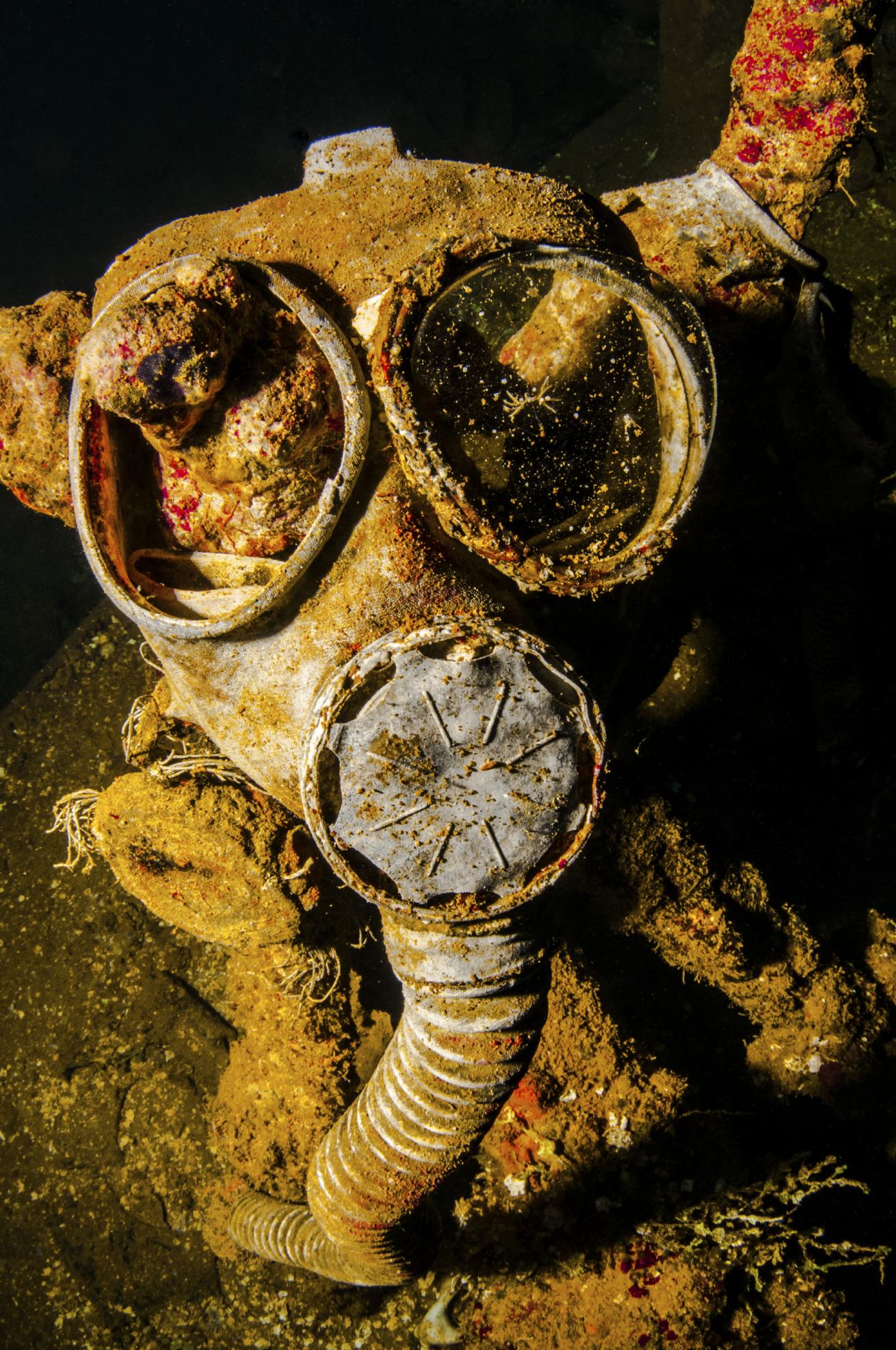 gas mask on Fujikawa Maru, Chuuk Lagoon