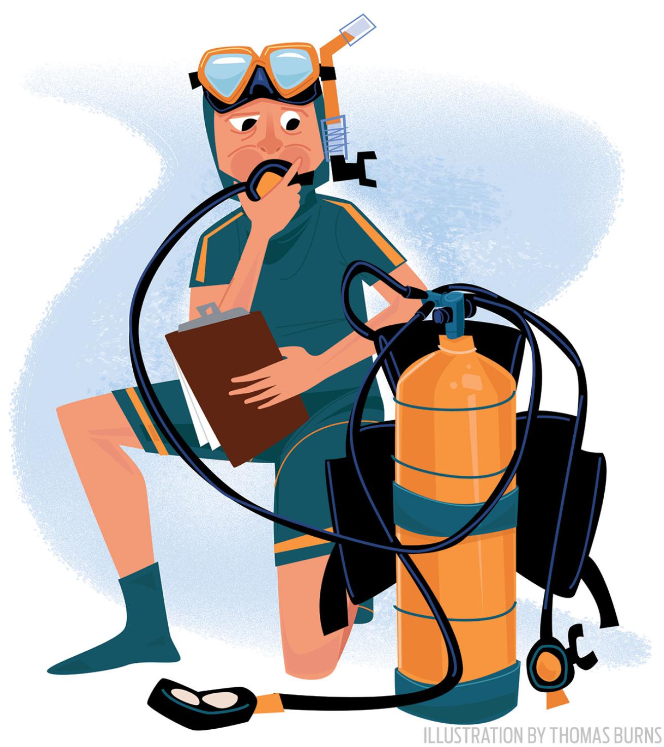 Scuba diver performs a pre-dive safety check prior to scuba diving
