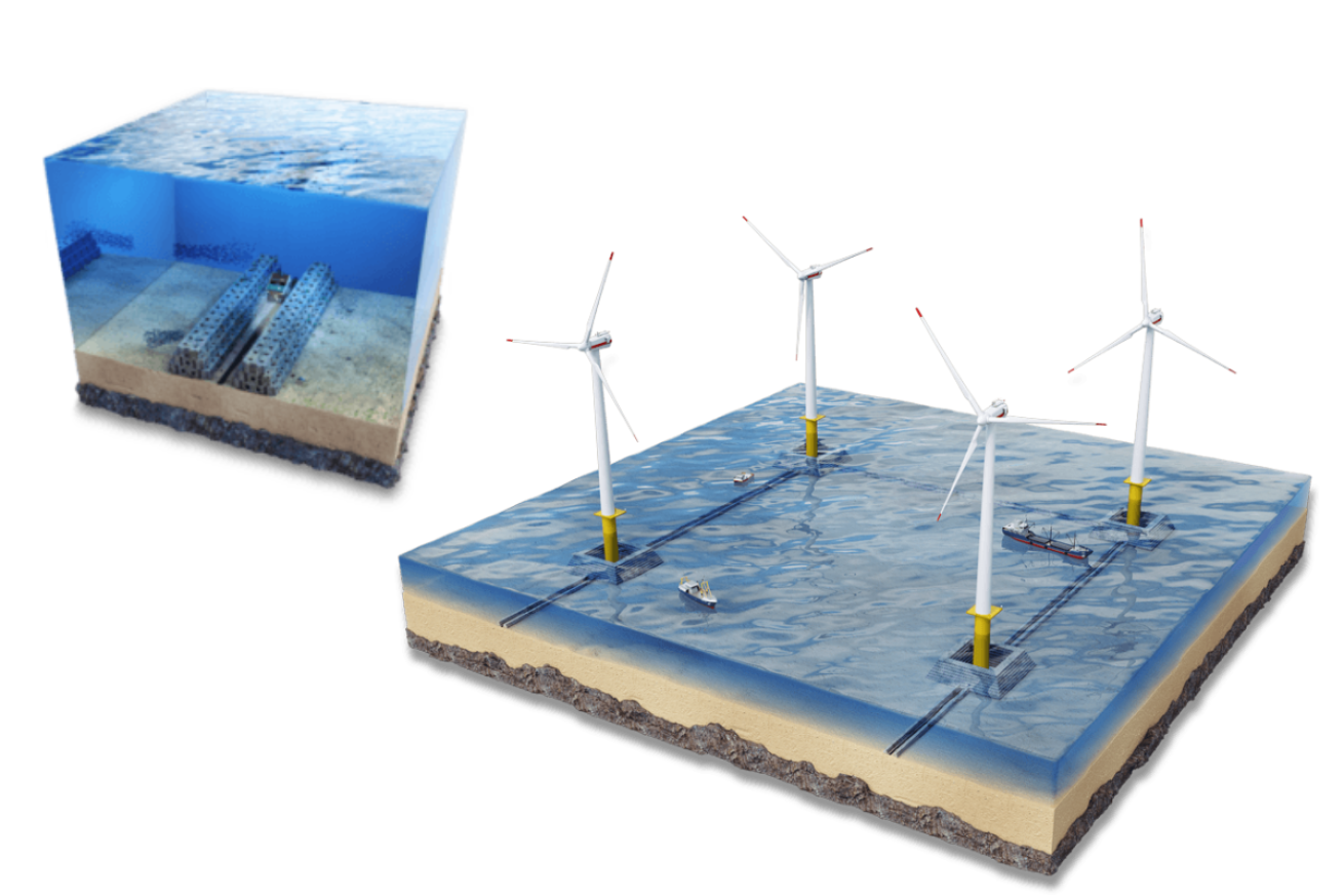 Illustration of an offshore wind farm built with Reef Cubes