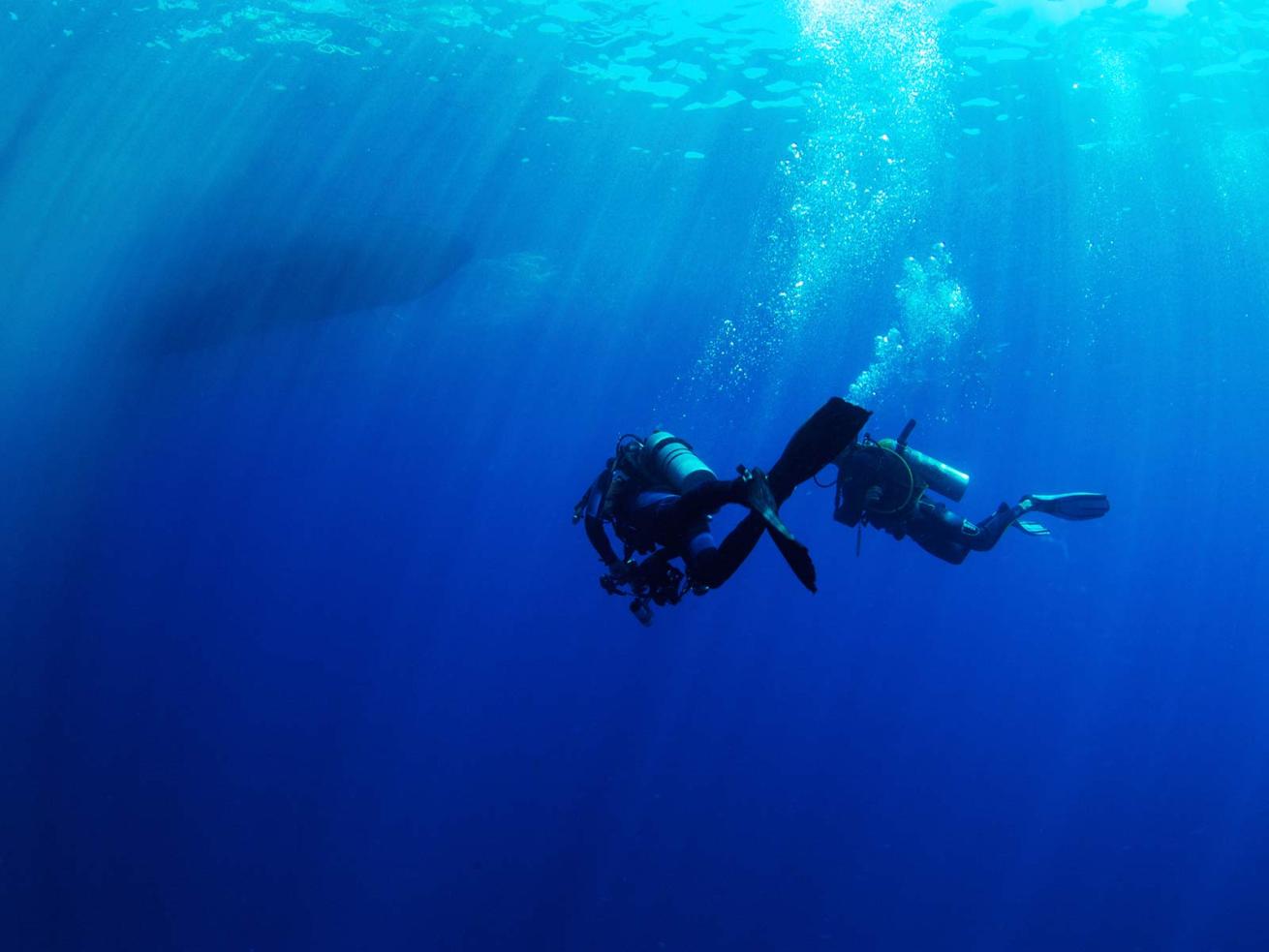 Scuba Divers Underwater Far From Boat