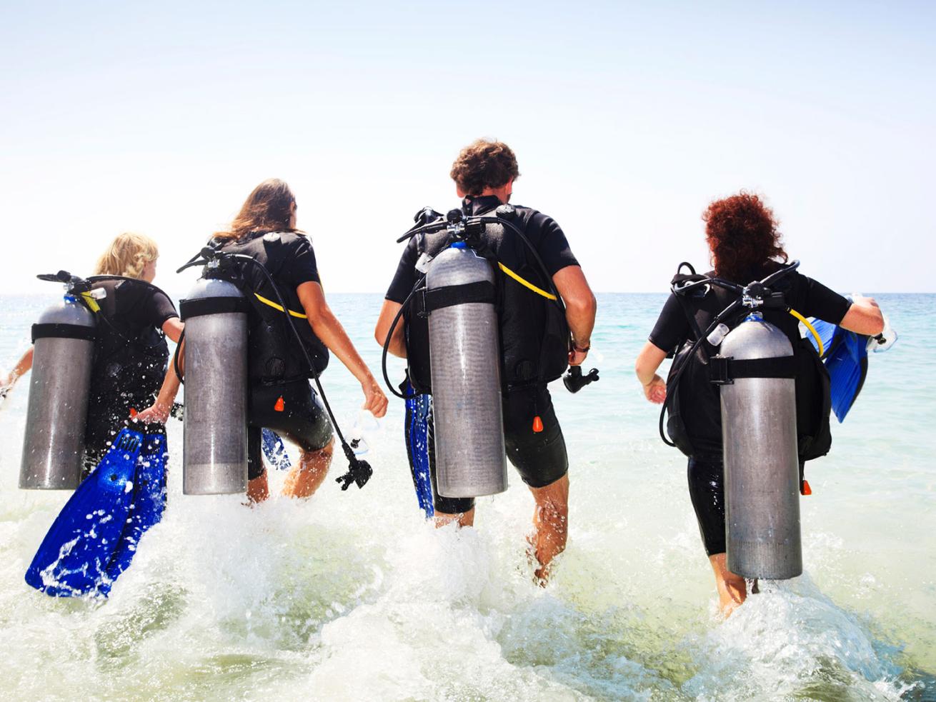 Shore Diving Family Entering Water