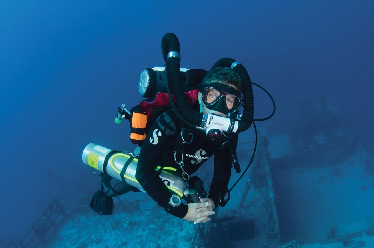A diver using a rebreather