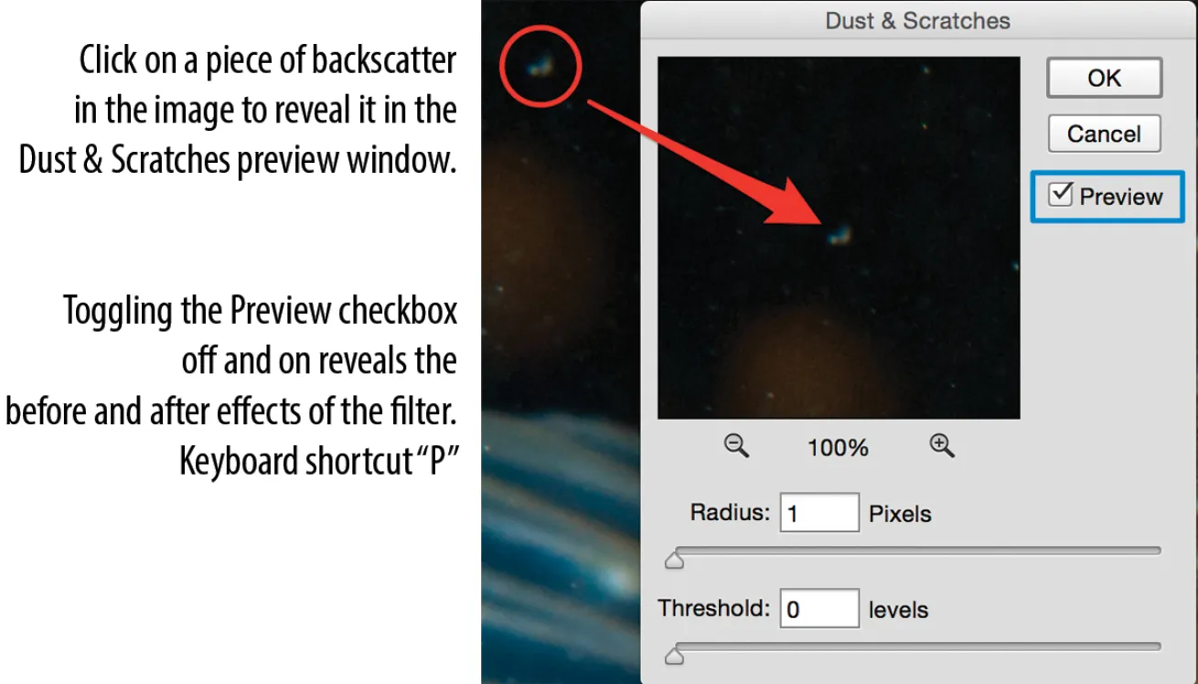 How to remove backscatter using adobe photoshop and preview before/after