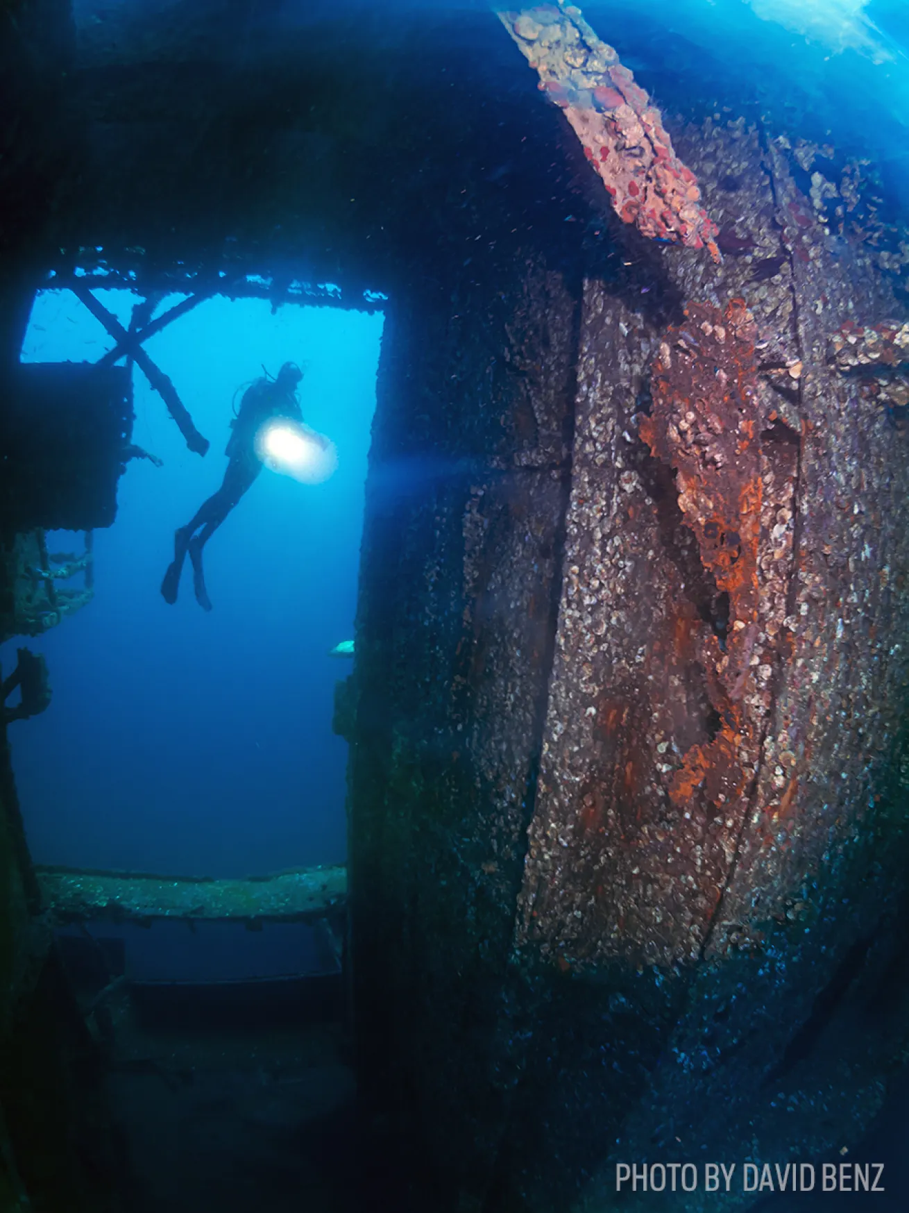 Interior view of the Oriskany shipwreck underwater in Florida