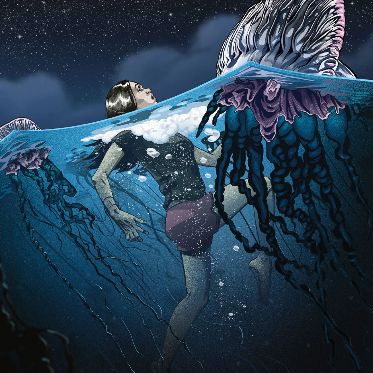 Illustration Diver Man O'War Jellyfish
