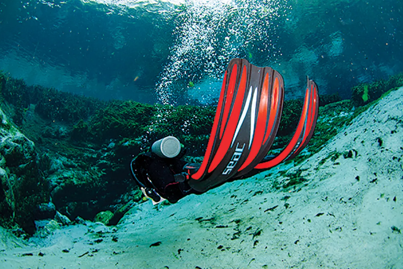Fins fill half the frame as a diver swims away.