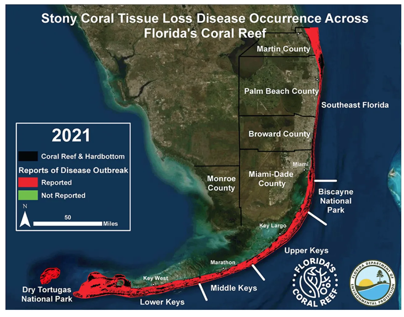 Map Florida stony coral tissue loss disease outbreak