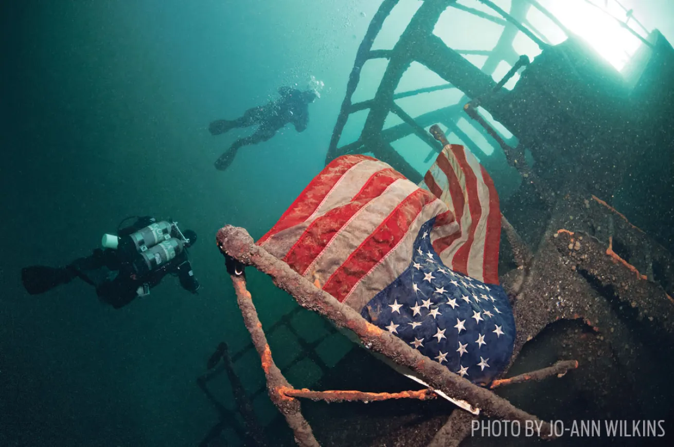 Shipwreck in Great Lakes with American Flag