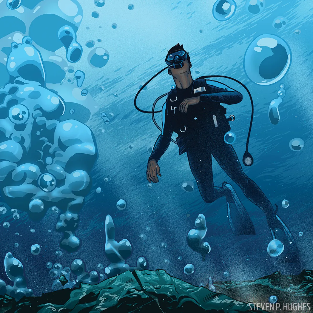 Illustration of scuba diving an active volcano